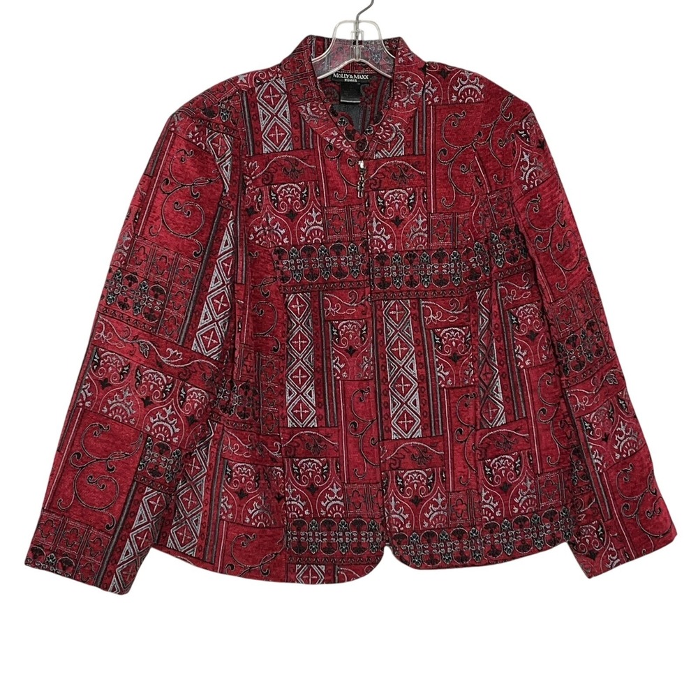 Molly & Maxx Red Black Tapestry Full Zip Jacket Plus Size 1X Mock Neck Woven